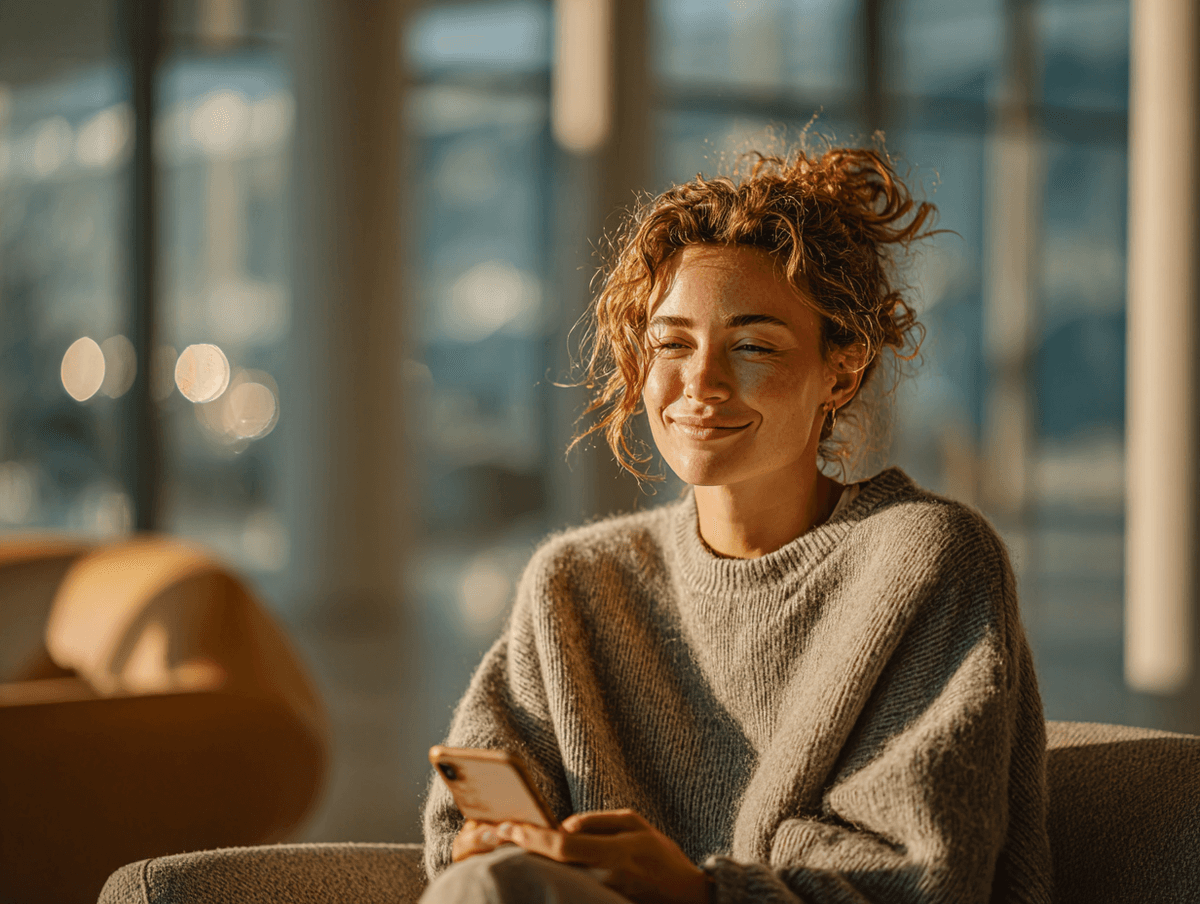 A woman relieved after finding an affordable healthcare option